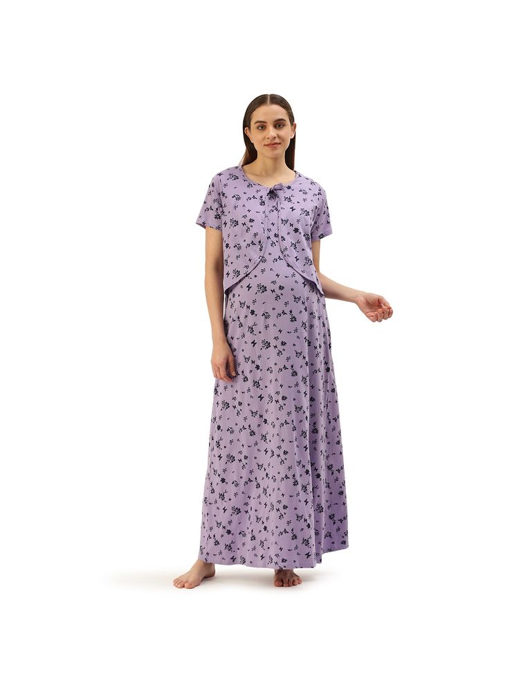 Nejo Feeding - Nursing Maternity Full Length Night Dress - Purple-picture-12