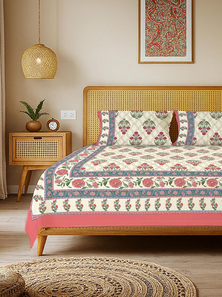 Urban Space Rajasthani Floral Pure Cotton King Bedsheet with 2 Pillow Covers - Amber Pink-picture-37