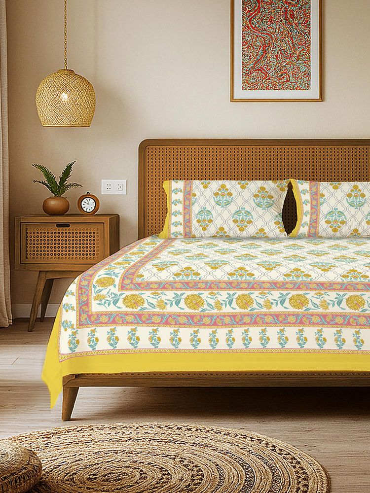 Urban Space Rajasthani Floral Pure Cotton King Bedsheet with 2 Pillow Covers - Amber Yellow-image-3