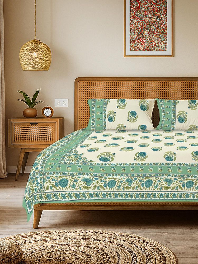Urban Space Rajasthani Floral Pure Cotton King Bedsheet with 2 Pillow Covers - Bali Green-picture-44