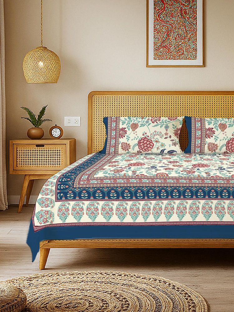 Urban Space Rajasthani Floral Pure Cotton King Bedsheet with 2 Pillow Covers - Gulbagh Navy-picture-14
