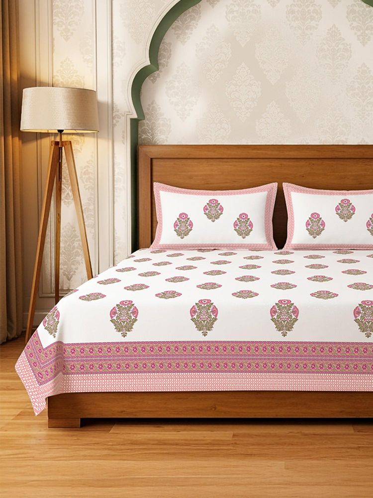 Urban Space Rajasthani Floral Pure Cotton King Bedsheet with 2 Pillow Covers - Amrapali-picture-0