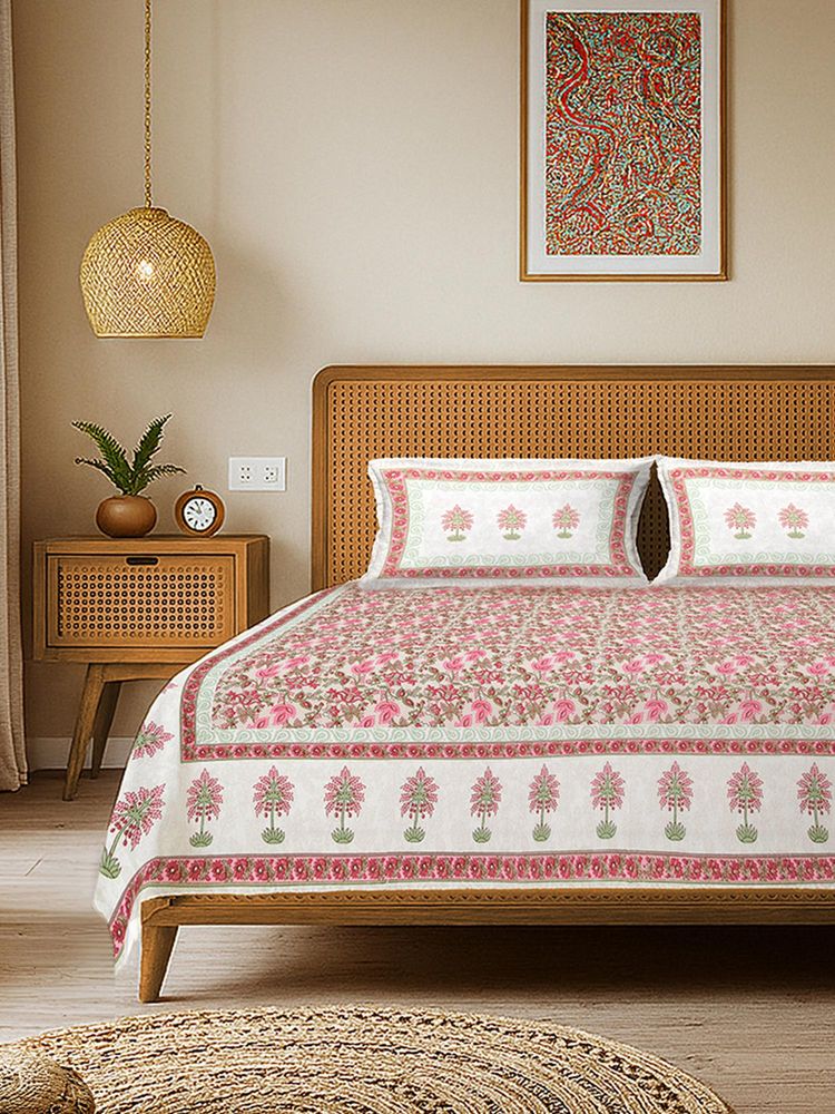 Urban Space Rajasthani Floral Pure Cotton King Bedsheet with 2 Pillow Covers - Mahal Pink-picture-18