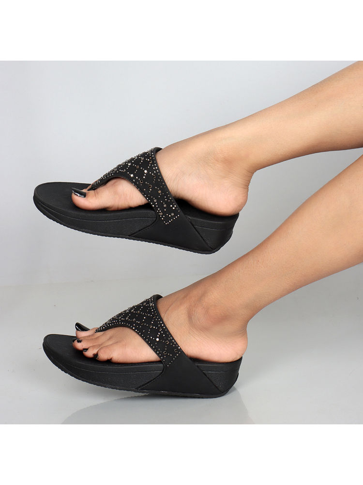 Carlton London Black Embellished Ethnic Comfort Sandals