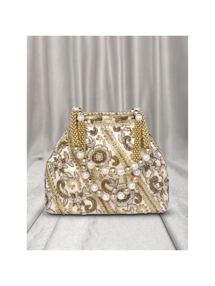 Peora Cream Embroidered Casual Evening Bridal Potli Style Purse for Women