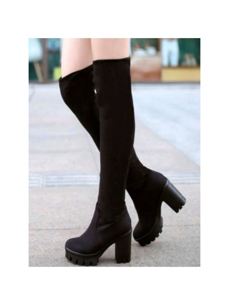 Shoetopia Women Black Suede Block Heeled Boots