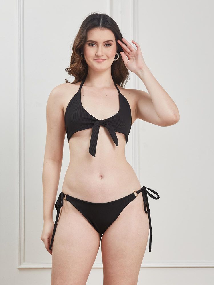 Secrets By ZeroKaata Black Stretchable Ribbed Halter Swim Bikini Top with Bottom-picture-45