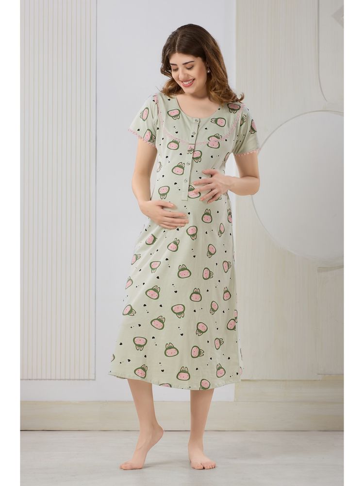 PIU Women's Green Knitted Cotton Maternity Nighty-picture-26