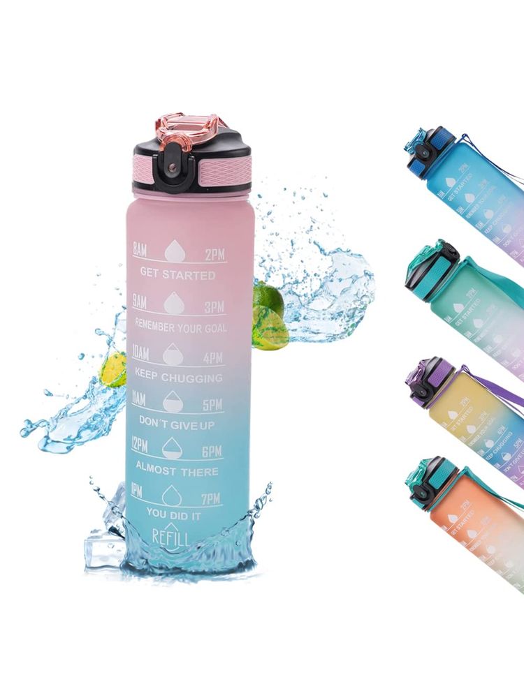 Kuber Industries Motivational Water Bottle with Time Marker Sipper Pink Blue -1 L-image-3