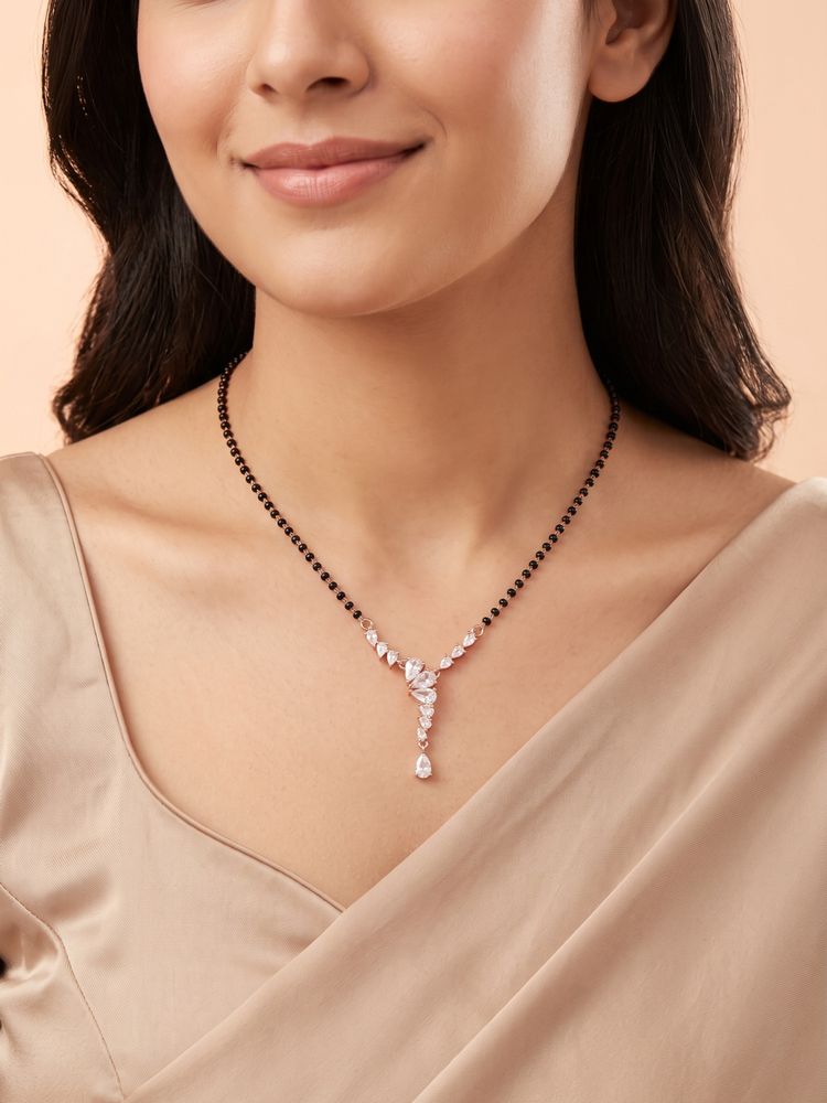 925 SILLER Pure Silver Rose Gold Plated CZ Floral Drop Mangalsutra for Women-picture-16