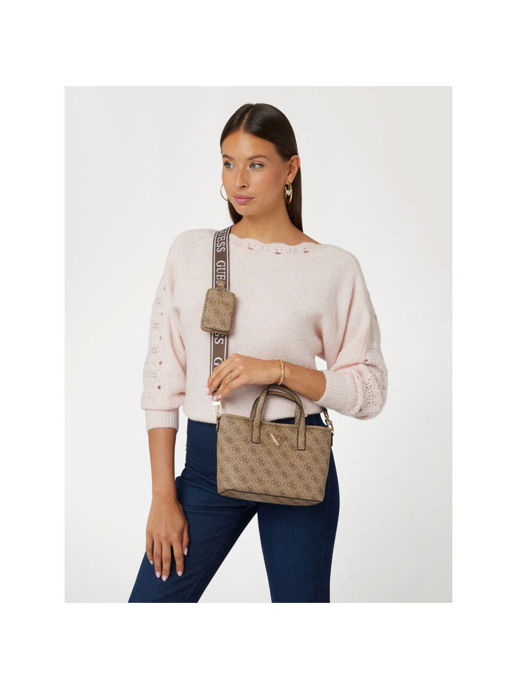 Guess Latte Brown Printed Latona Mini Shoulder Bag with Pouch (Set of 2)-image-48