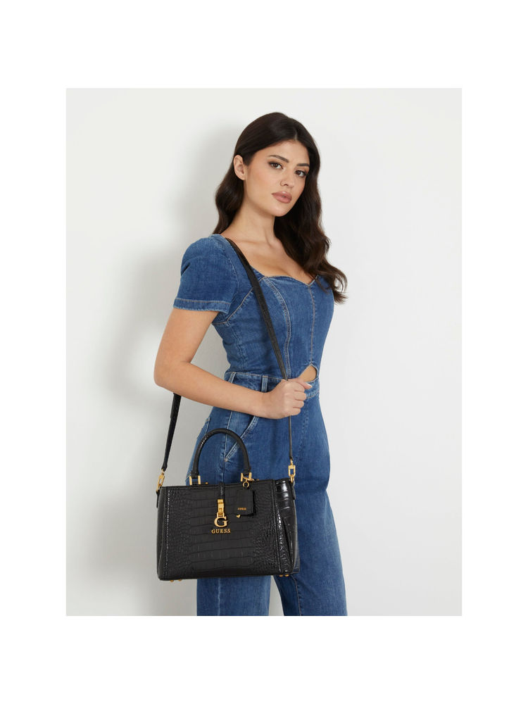 guess fashion Guess Women Black Pu Textured Satchel Bag with Detachable Strap-picture-38