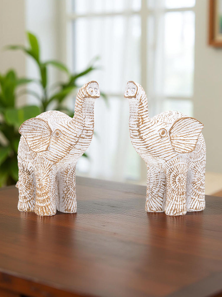 Golden Peacock White & Gold Textured Polyresin Elephant Showpiece (Pack of 2)-picture-16