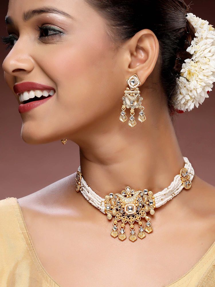 ADIVA 22K Gold-Plated Kundan Stone-Studded Beads Handcrafted Premium Choker Jewellery Set-picture-13