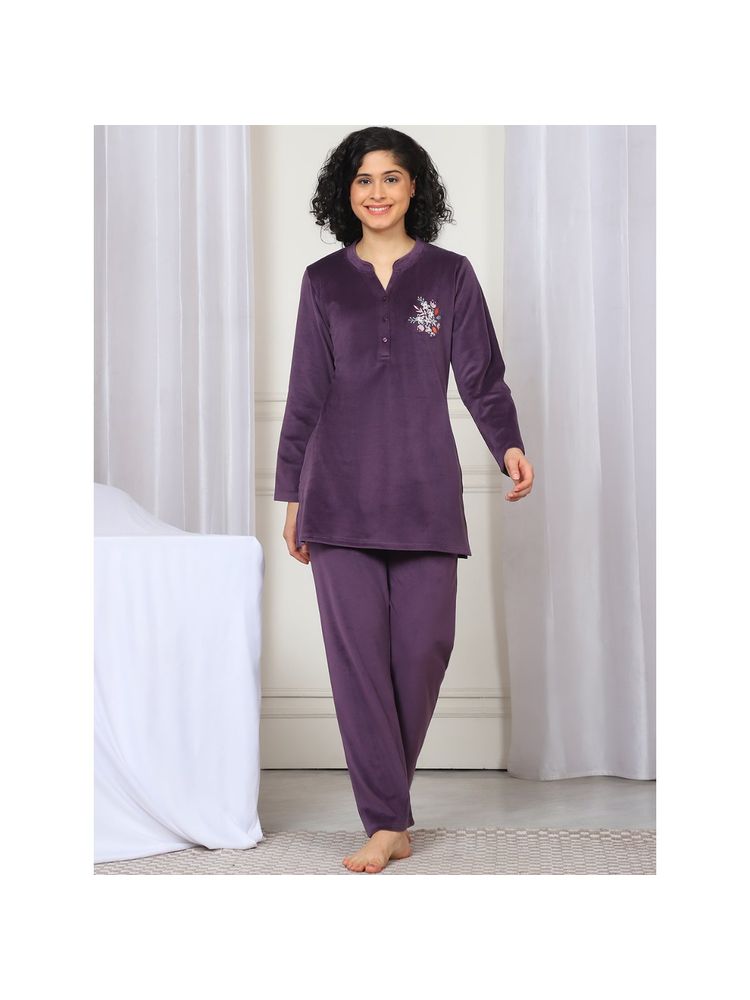 Kanvin Women Winter Solid Purple Kurti with Pajama (Set of 2)-picture-23