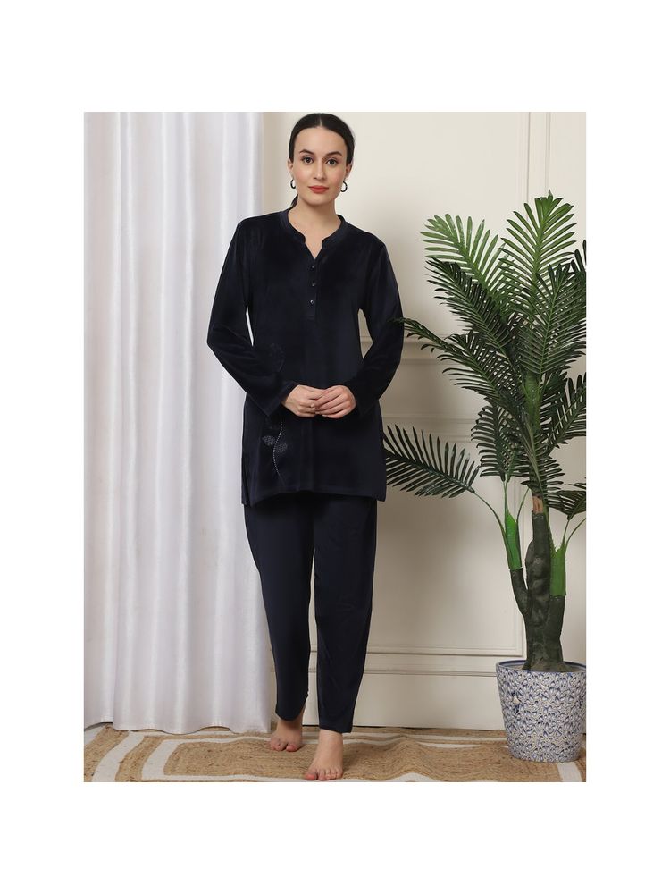 Kanvin Women Winter Solid Navy Blue Kurti with Pajama (Set of 2)-image-32