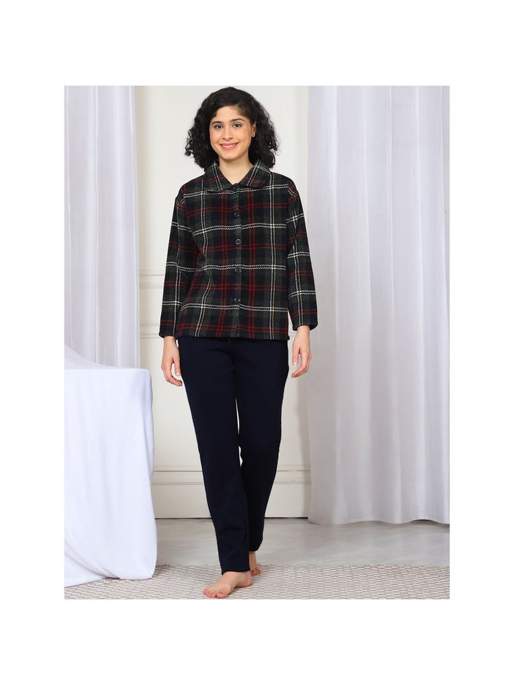 Kanvin Women Winter Checks Navy Blue Shirt with Pajama (Set of 2)-picture-20