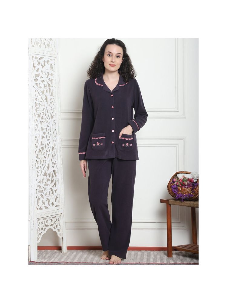 Kanvin Women Winter Solid Purple Shirt with Pajama (Set of 2)-picture-22