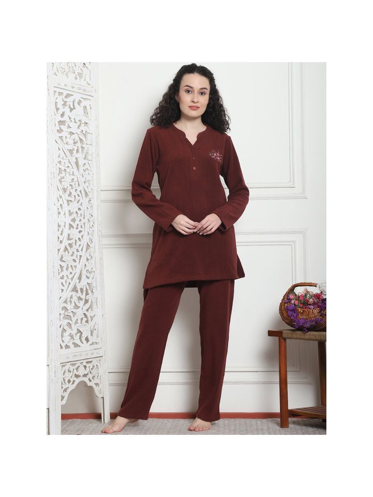 Kanvin Women Winter Solid Maroon Kurti with Pajama (Set of 2)-picture-13
