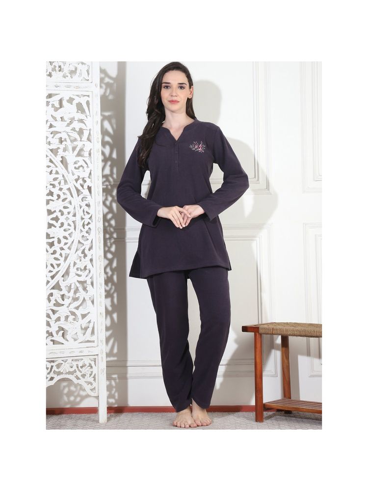 Kanvin Women Winter Solid Purple Kurti with Pajama (Set of 2)-image-36