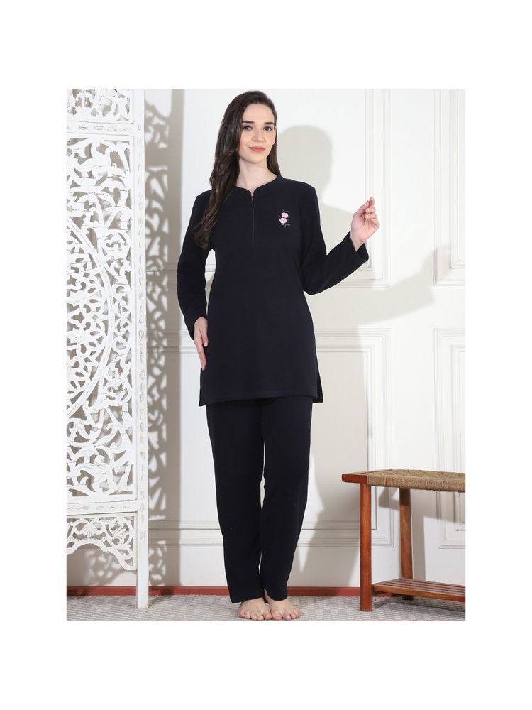 Kanvin Women Winter Solid Navy Blue Kurti with Pajama (Set of 2)-image-31