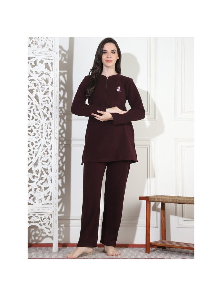 Kanvin Women Winter Solid Brown Kurti with Pajama (Set of 2)-picture-19