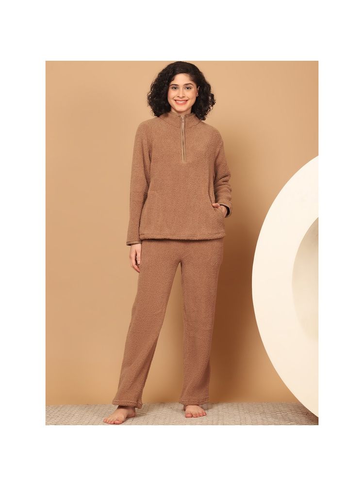 Kanvin Women Winter Textured Beige Top with Pajama (Set of 2)-image-29
