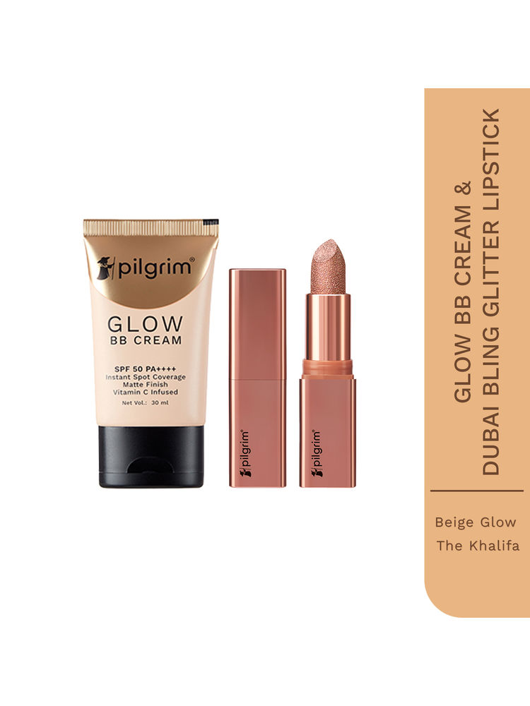 Pilgrim Makeup Duo Dubai Bling Khalifa Glitter Lipstick & Beige Glow BB Cream SPF 50 PA++++-picture-14