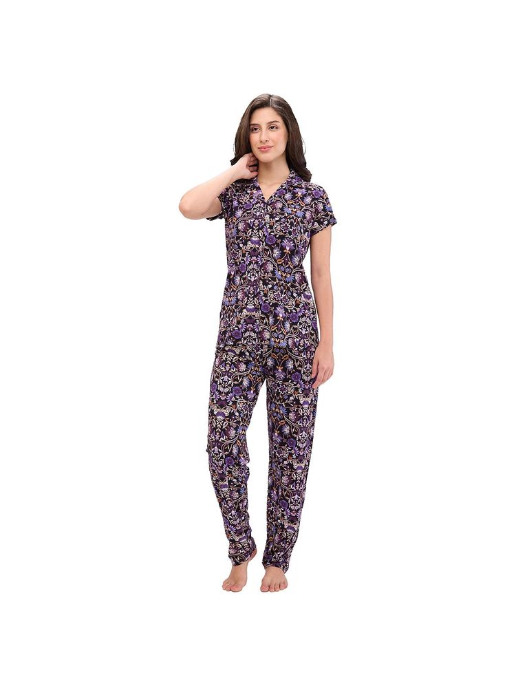 Juliet Womens Printed Premium Cotton Shirt with Pyjama - Purple (Set of 2)-image-32