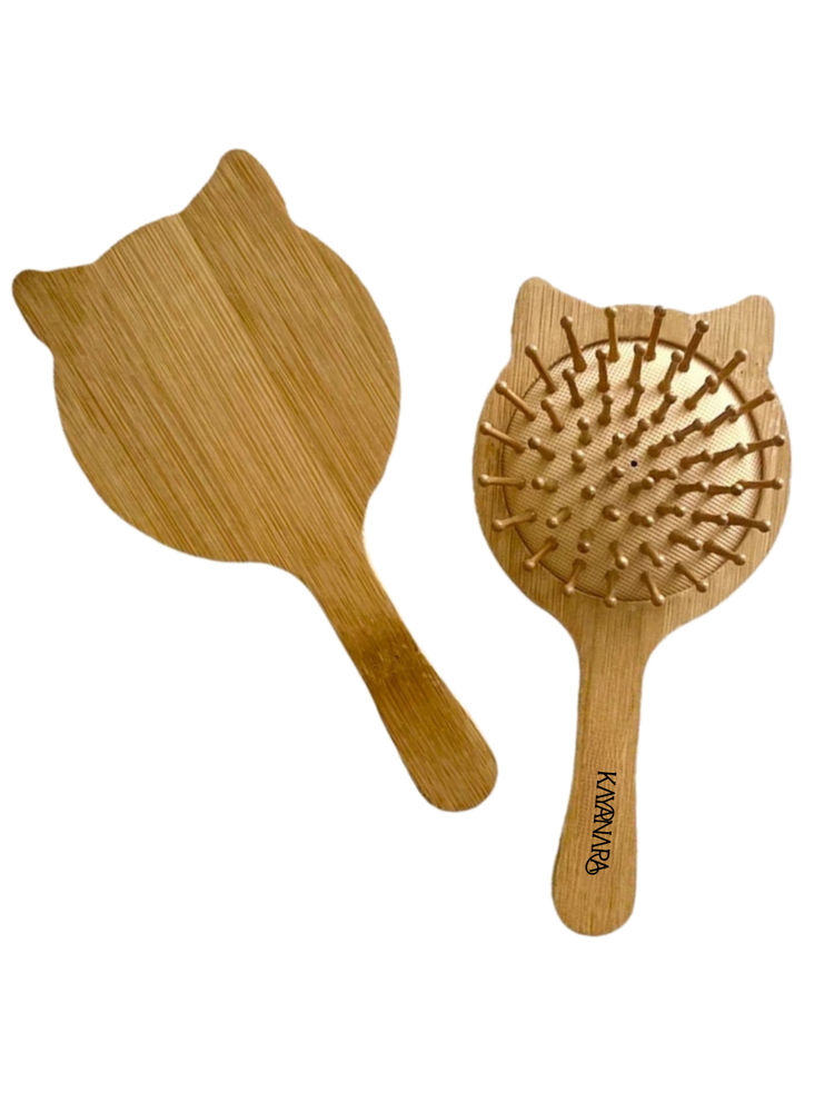 Kayanara Cat Shape Bamboo Bristles Small Wooden Paddle Hair Brush For Kids-image-4