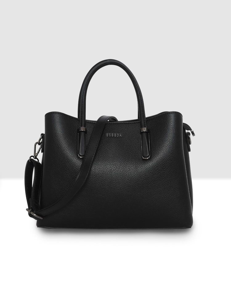 ESBEDA Black Classic Pebble Texture Handbag with Detachable Strap (M)-image-34