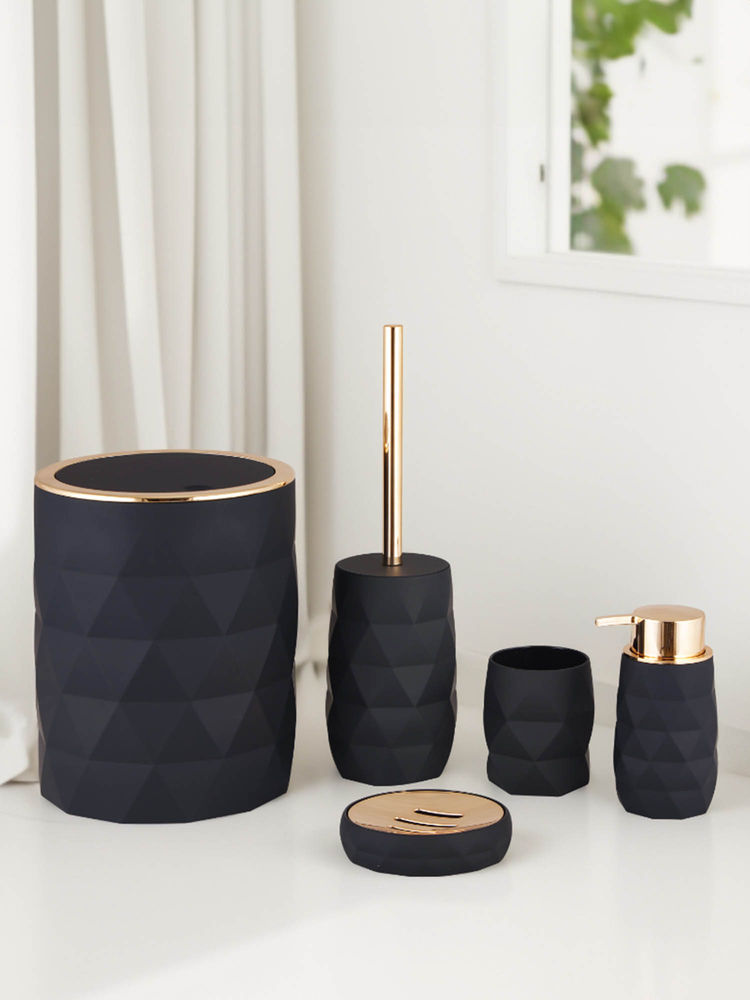 OBSESSIONS Pvc Solid 5 Pcs Bathroom Set- Black Gold-image-47