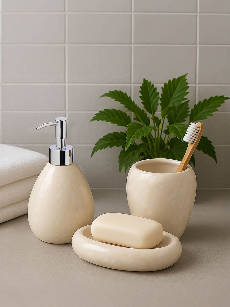 OBSESSIONS Set Of 3 Cream Ceramic Bathroom Set-picture-20