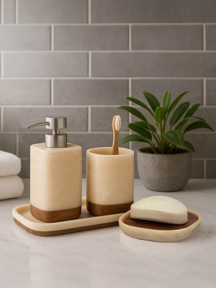 OBSESSIONS Set Of 4 Cream And Brown Polyresin Bathroom Set-picture-26