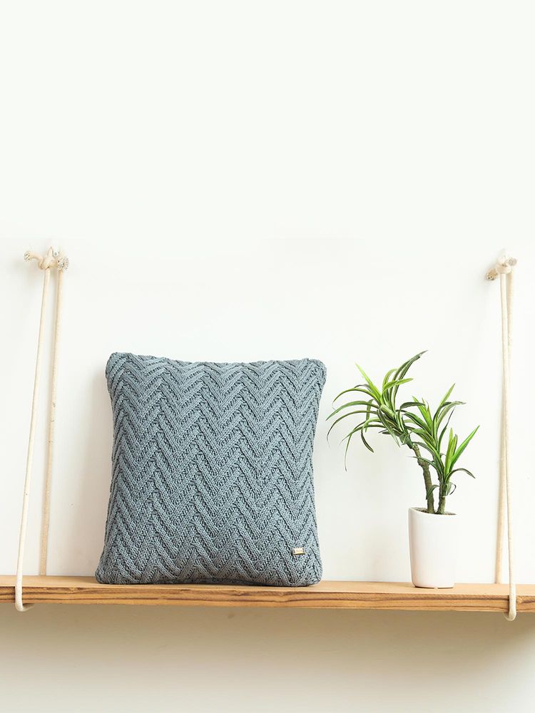 PLUCHI Chevron Blue Grey Cotton Knitted Decorative 16 x 16 Inches Cushion Cover-image-10