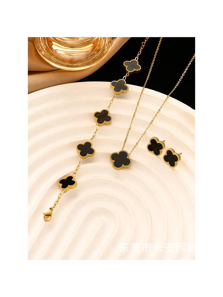 Designs & You Stainless Steel Gold Plated Set Of Black Anti Tarnish Clover Jewellery Set for Women-picture-11