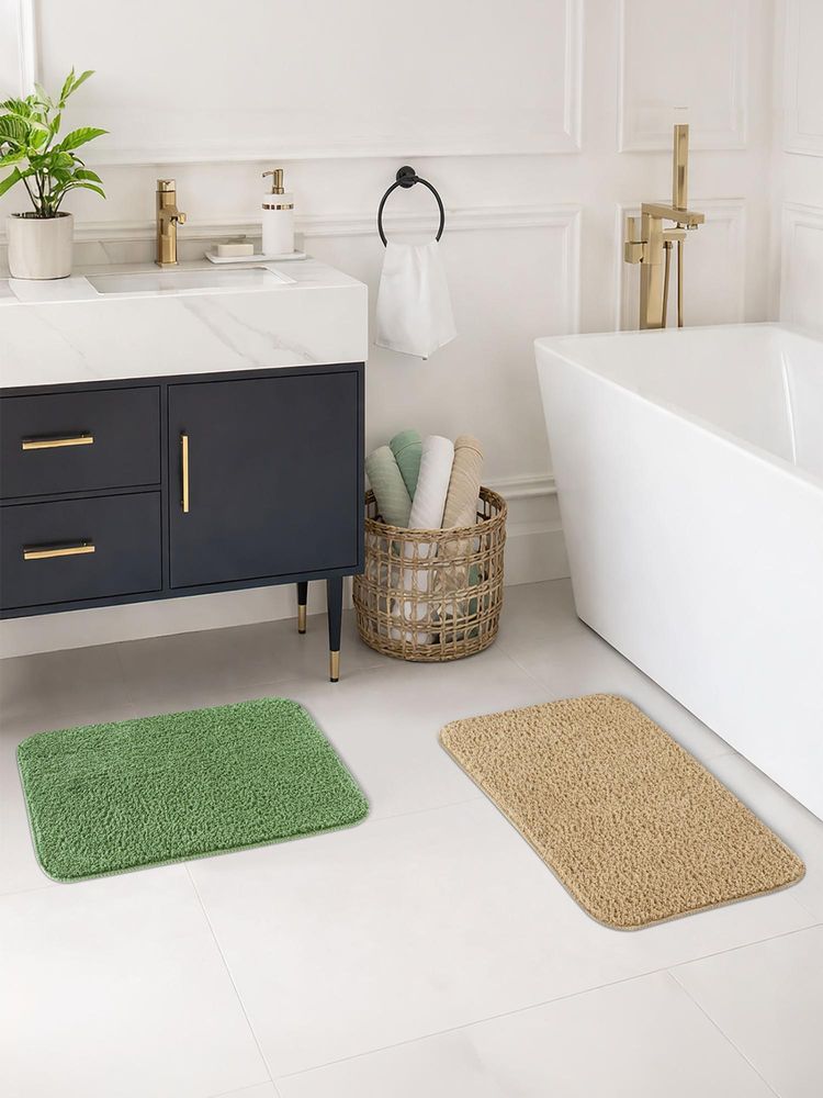 OBSESSIONS Absorbent and Quick-Dry Polyester Bath Mat - Green & Dark Beige (Pack of 2)-image-32