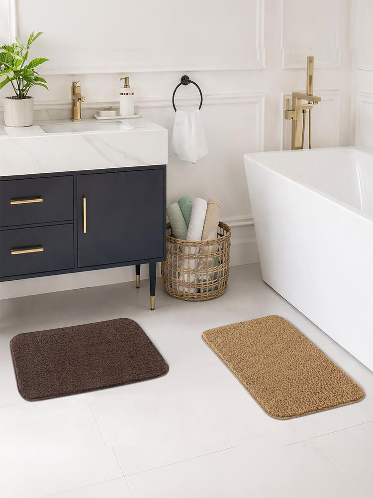 OBSESSIONS Absorbent and Quick-Dry Polyester Bath Mat - Chocolate & Camel (Pack of 2)-image-19
