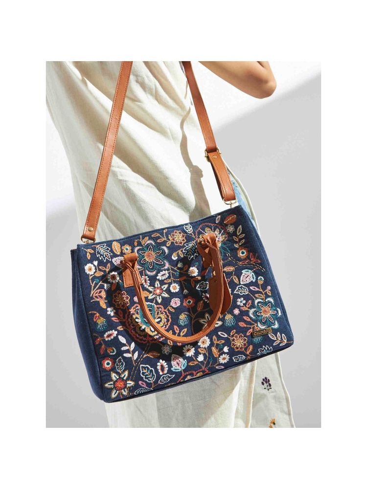 Chumbak Batik Bloom Embroidered Tote - Navy-picture-11