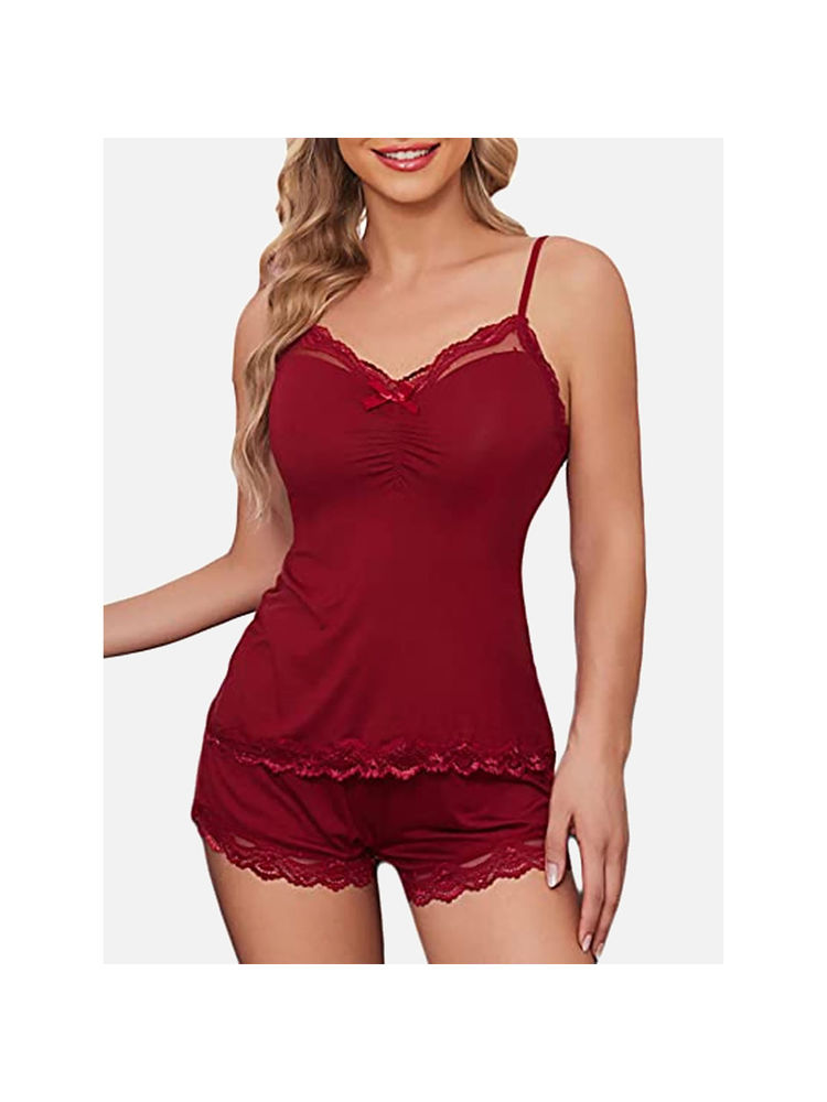 FIMS Women Maroon Satin Babydoll Top & Bottom Set Night Suit (Set of 2)-picture-12