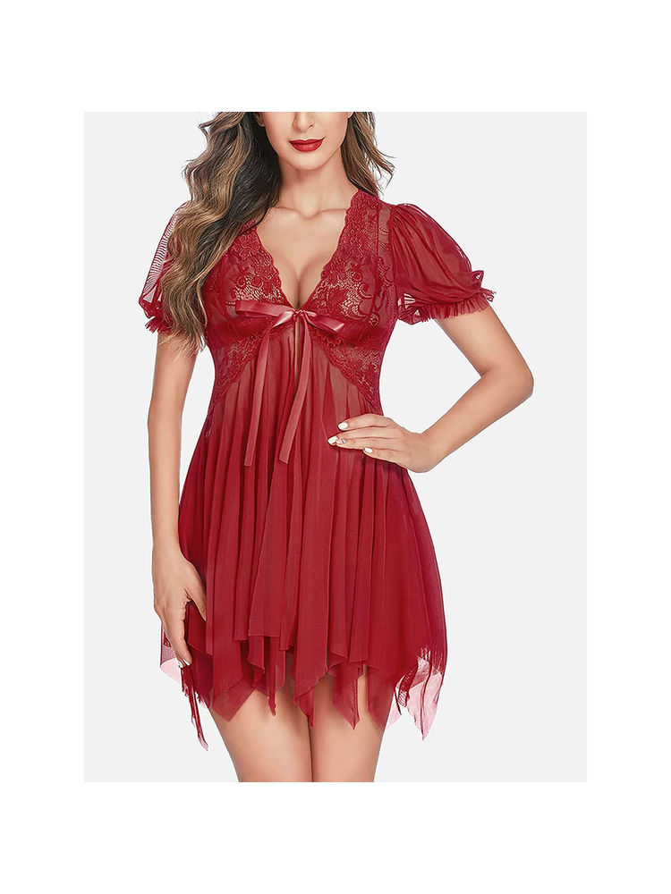 FIMS Women Red Net Babydoll Lingerie Nightwear Dress with Thong (Set of 2)-picture-30