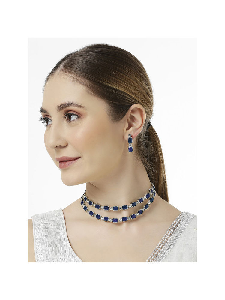 OOMPH Blue Crystal Multi Layer Choker Necklace Set Look Stylish Latest-image-5