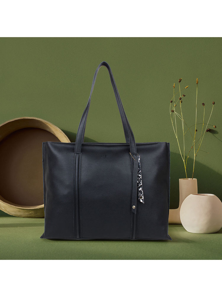 Yelloe Black Solid Synthetic Leather Upto 14 Inch Laptop Tote Bag-image-3