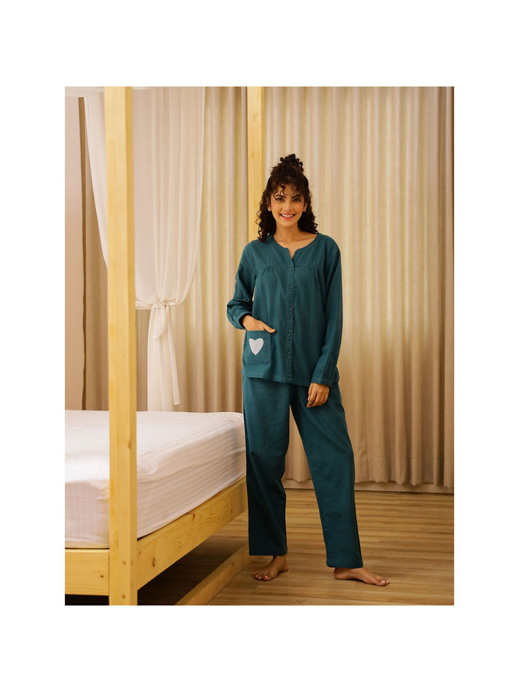 sanskrutihomes SAY Women Solid/Plain Teal Mandarian Neck Cotton Night Suit (Set of 2)-picture-21