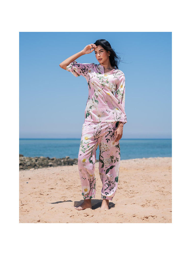 sanskrutihomes SAY Women Floral Pink Mandarin Collar Cotton Night Suit (Set of 2)-picture-33