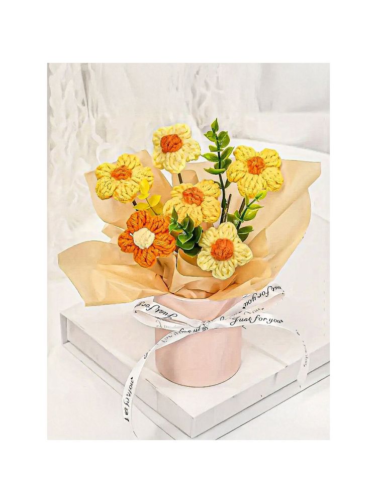 Ekhasa Yellow Cherry Blossom Crochet Bouquet with Potted | Woolen Flowers for Gifting-picture-17