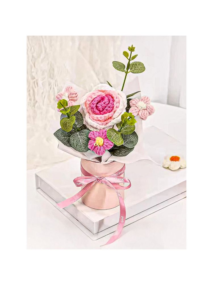 Ekhasa Pink with White Crochet Flowers Bouquet with Potted Handmade Flower Small Size-image-6