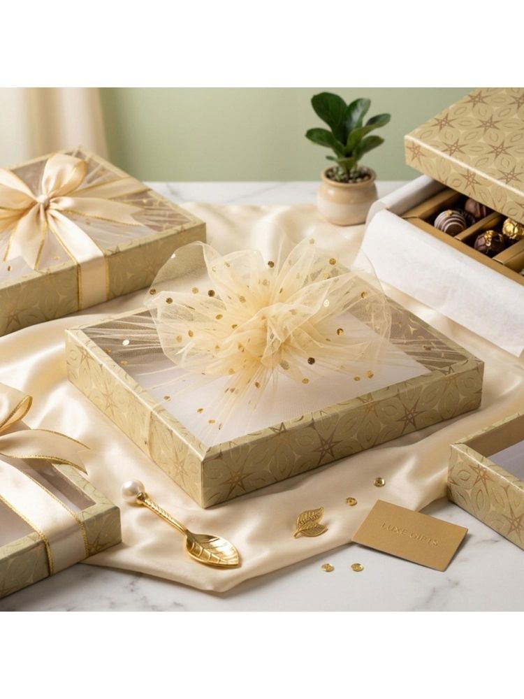 Awestuffs Decorative Folding Gift Boxes Gold with Net and Tie Ribbon-picture-30