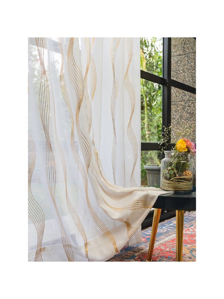 Urban Space Gold Foil Sheer Curtains For Window - Double Wave White (pack Of 2) (5x4 Feet)-image-40