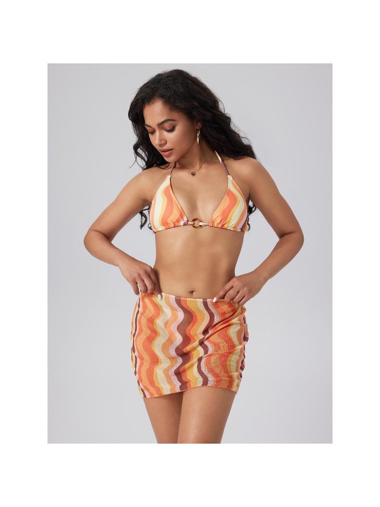 Cider Wave O-Ring Linked Bikini Top And Bikini With Sarong (Set of 3)-picture-10